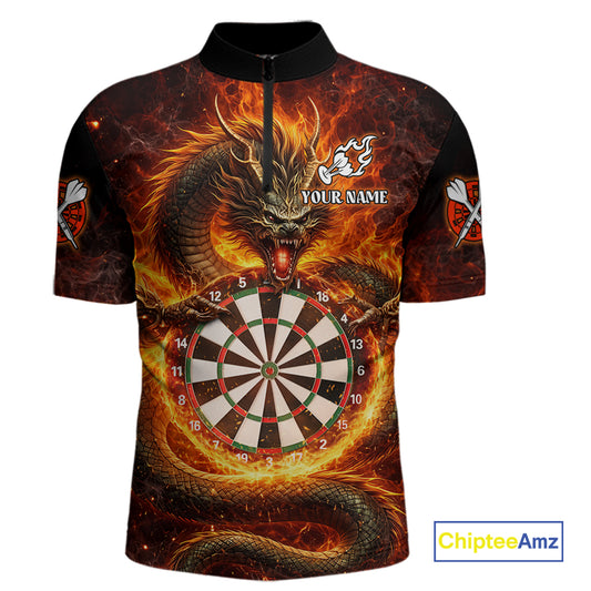 Personalized Red Flaming Dragon Dartboard Men Darts 1/4-Zip Shirt Custom Darts Team Jerseys NYN2582