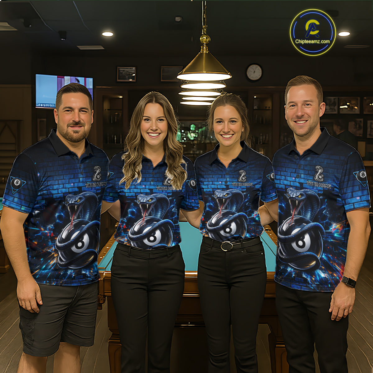 Lightning Blue 8 Ball Pool Shirts Custom Women Billiard Polo & 1/4 Zip Shirts Cobra Billiard Jerseys NYN2969