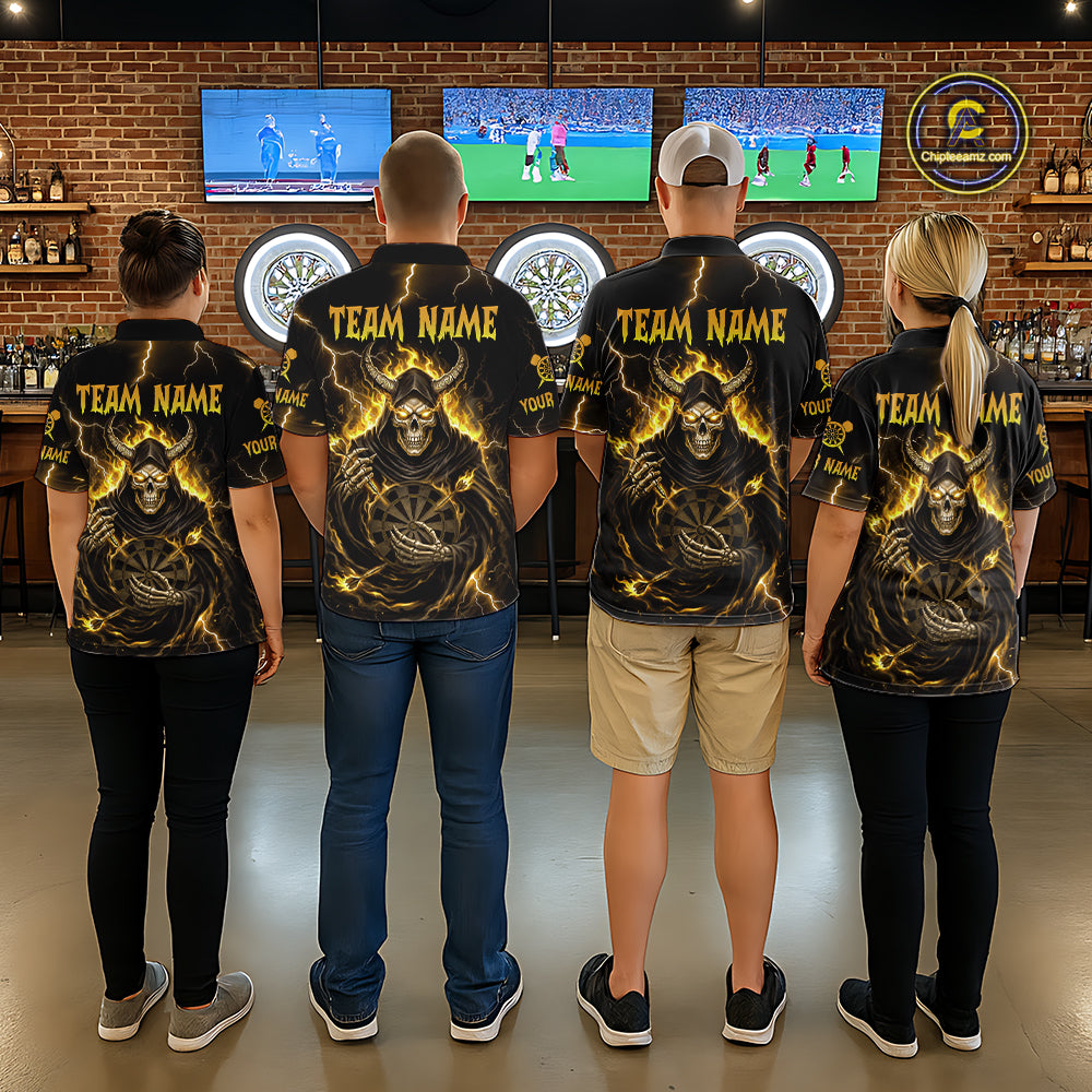 Yellow Neon Flaming Grim Reaper Men Darts Quarter-Zip Jerseys Custom Name Dart League Shirt NYN2066
