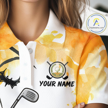 Female golfer wearing Spooky Ice Cream golf polo, Halloween golf fashion, golf outing apparel, playful golf clothing