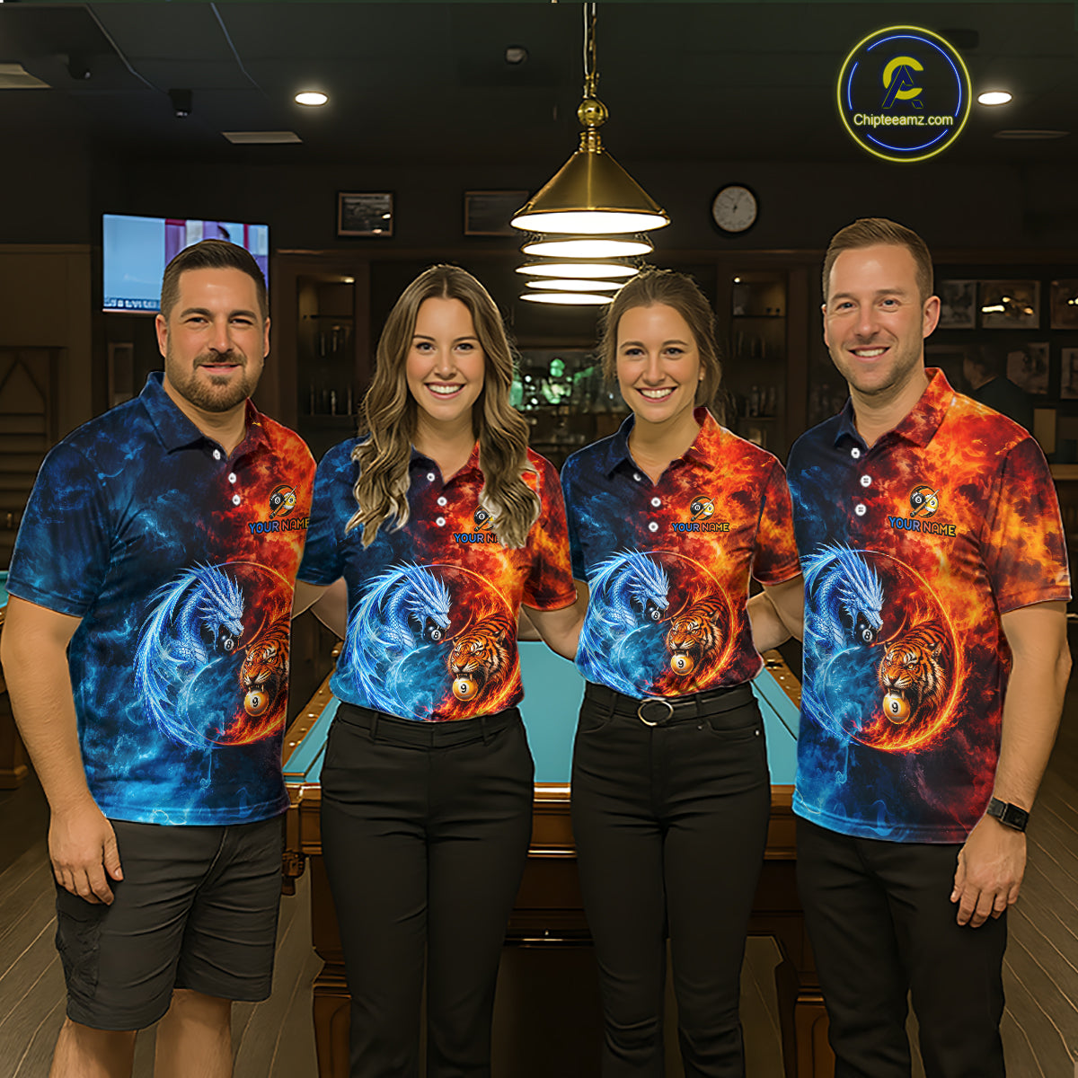 Pool team wearing matching Dragon 8 Ball & Tiger 9 Ball billiard jerseys, personalized league uniforms.