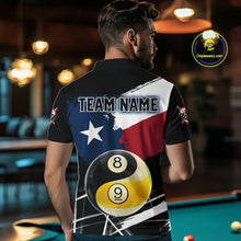 Load image into Gallery viewer, Male billiard player wearing Texas Yin Yang billiard jersey during championship competition, premium sports apparel for Texas pool players, martial arts enthusiasts and tournament champions, symbolizing discipline, confidence and balance.