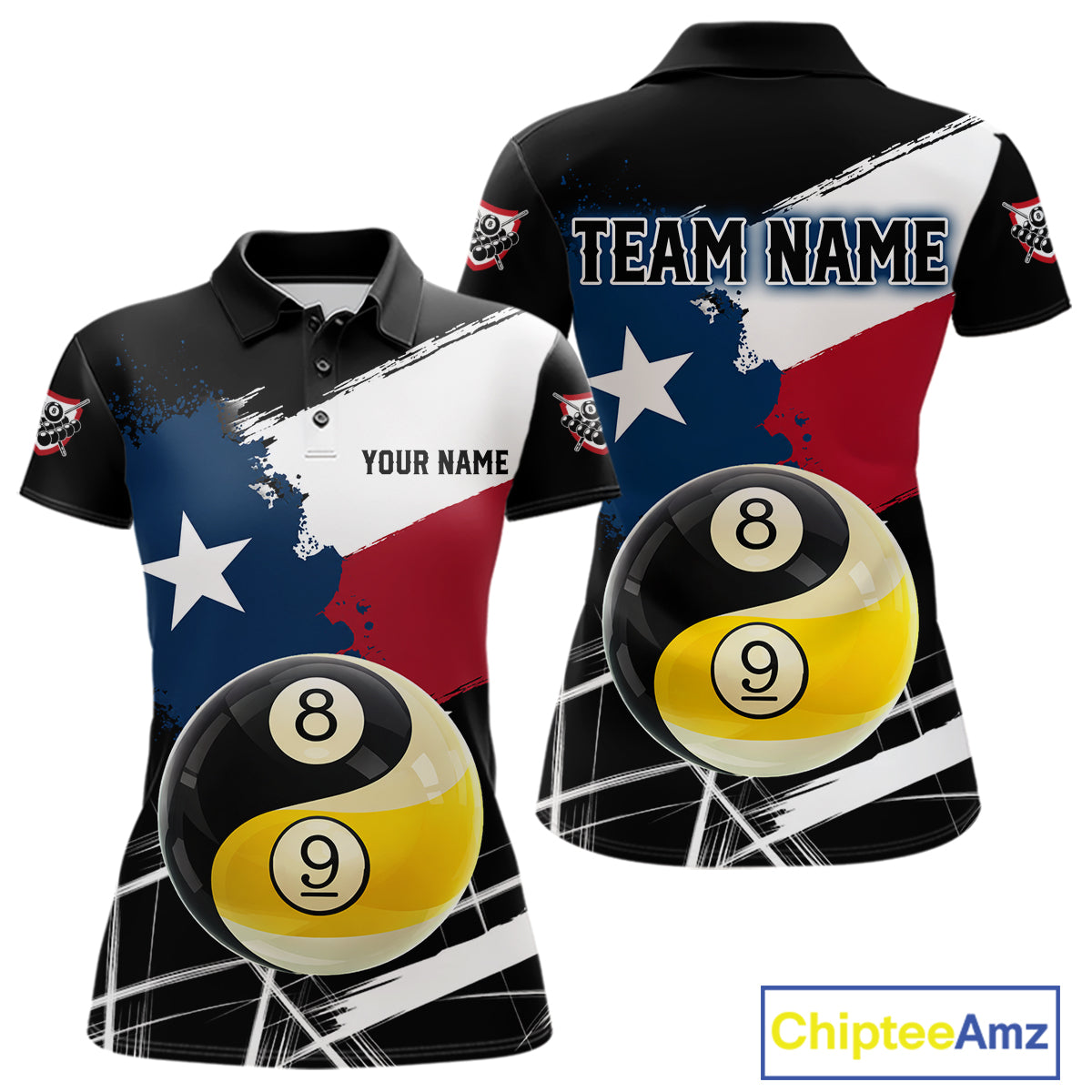Women's billiard polo featuring Texas flag splash with Yin Yang, 8 ball and 9 ball graphics, premium custom pool apparel for APA teams, Zen lifestyle and tournament players.