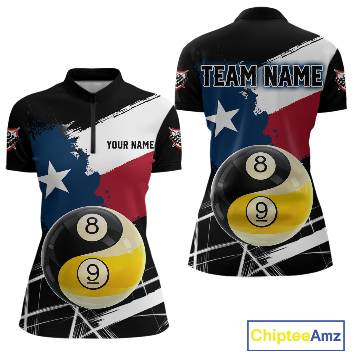 Women's quarter-zip billiard jersey featuring Texas flag splash, Yin Yang, 8 ball and 9 ball artwork, personalized performance apparel for league championships and professional teams.