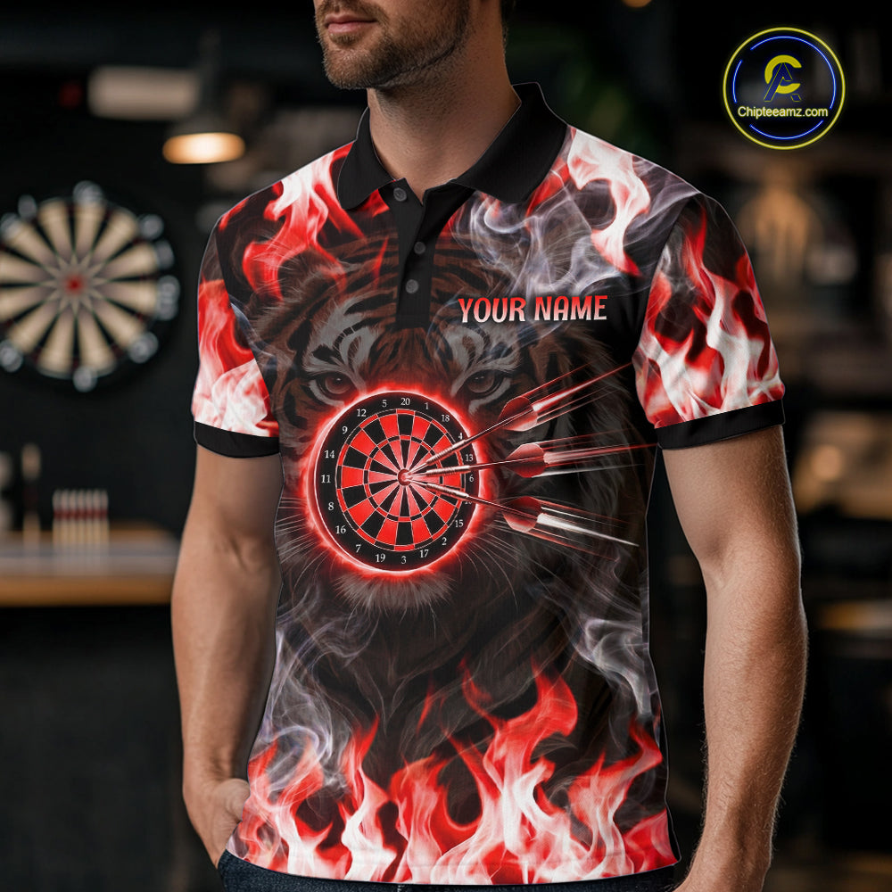 Red Flaming Tiger Men Dart Polo Shirts Personalized Name & Team Fire Flame Dart Jerseys NYN2102