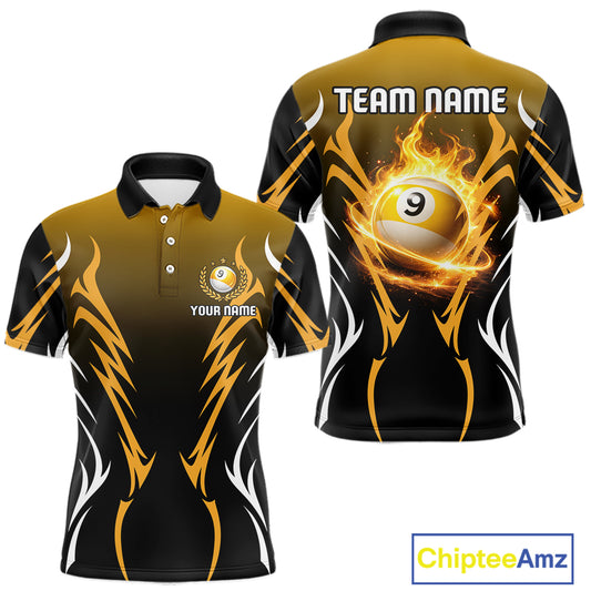 Custom Yellow Flames 8 Ball Men's Billiard Shirts Personalized Billiard Cue Attire Gifts NYN2339
