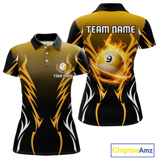 Custom Yellow Flames 8 Ball Women's Billiard Shirts Personalized Billiard Cue Attire Gifts NYN2339