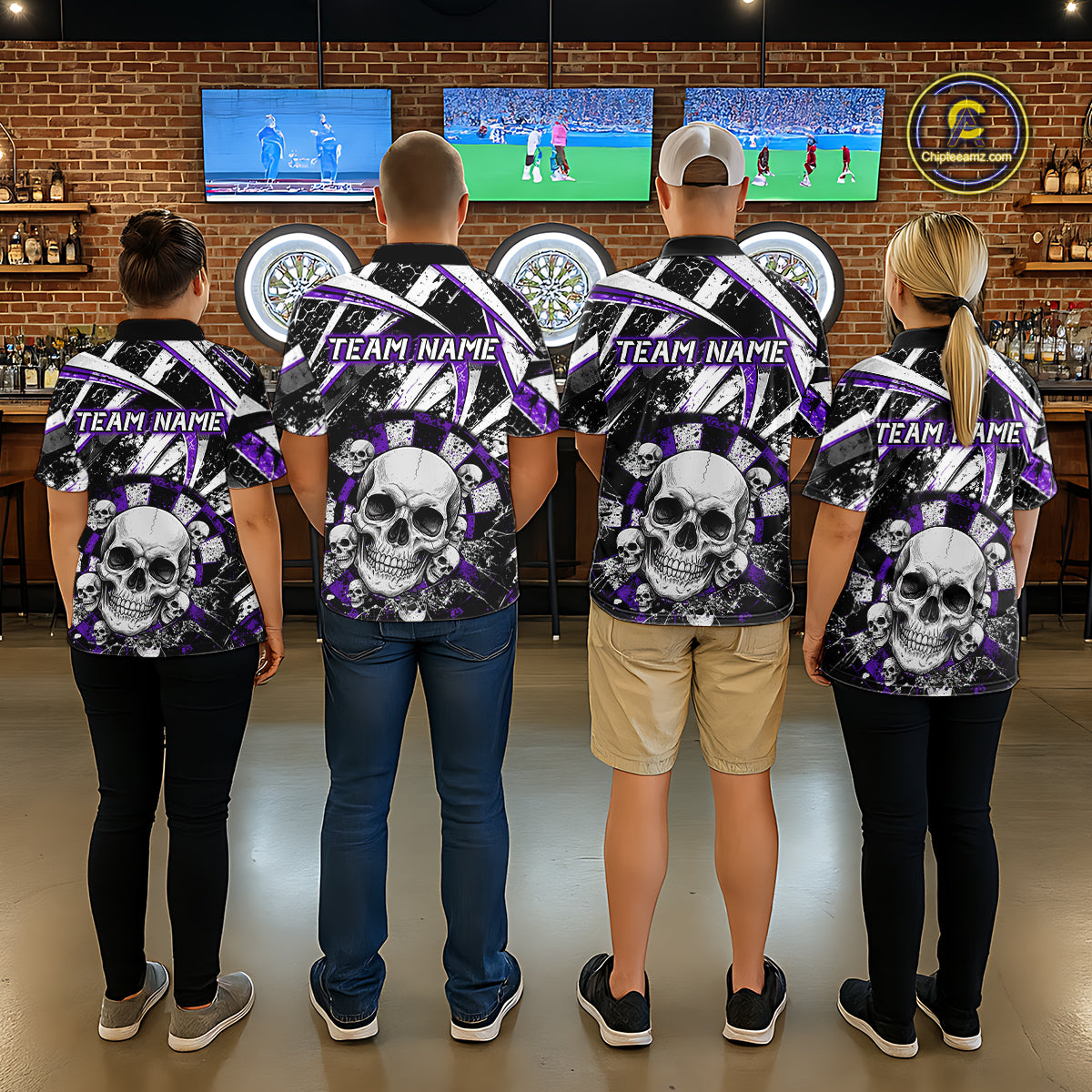 Black & Purple Dartboard Grunge Men Darts Polo Shirts Custom Multi-Skull Dart Team Jerseys NYN2350