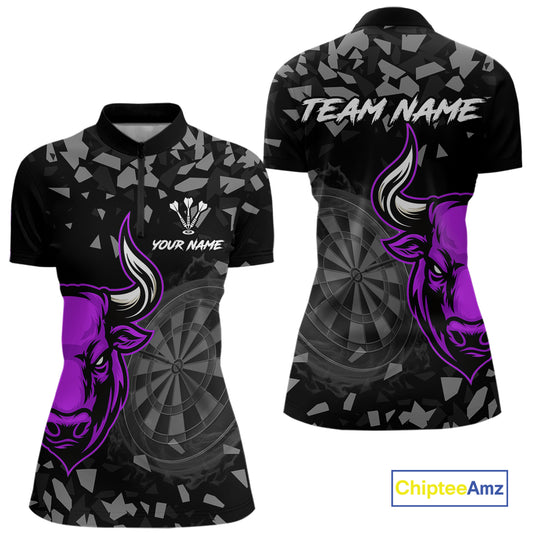 Bull & Dartboard Custom Grunge Women Darts 1/4-Zip Shirt Purple Darts Team Jersey NYN2351