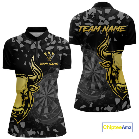 Bull & Dartboard Custom Grunge Women Darts 1/4-Zip Shirt Yellow Darts Team Jersey NYN2352