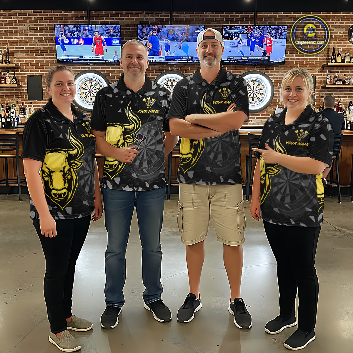 Bull & Dartboard Custom Grunge Women Darts Polo Shirt Yellow Darts Team Jersey NYN2352