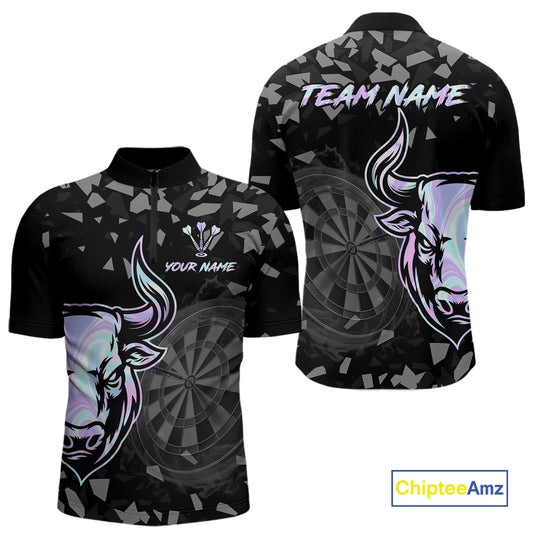 Bull & Dartboard Custom Grunge Men's Darts 1/4-Zip Shirt Holographic Darts Team Jersey NYN2353