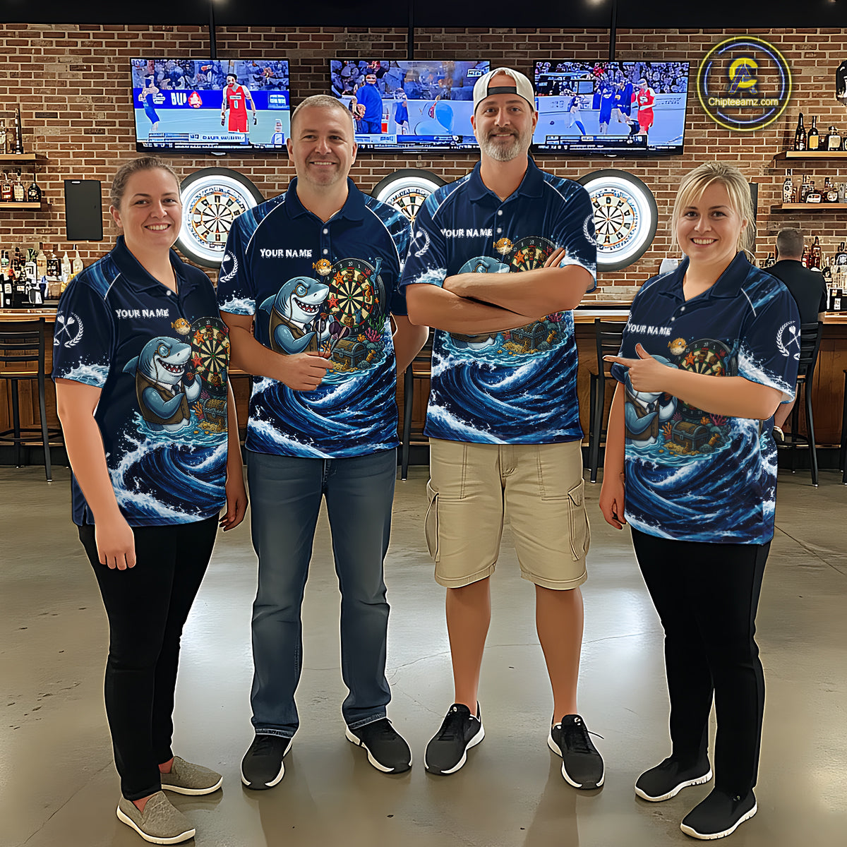 Blue Waving Funny Shark Play Darts Polo & 1/4-Zip Shirt For Women Custom Name Dart Jersey For Darters NYN2977