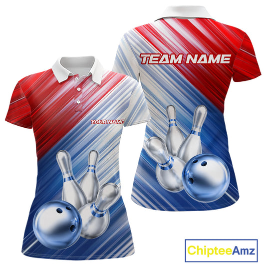 Red And Blue Strike Bowling Shirt For Women Custom Polo Quarter-Zip Bowling Team Jersey NYN3679