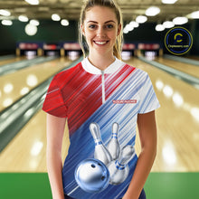 Load image into Gallery viewer, Red And Blue Strike Bowling Shirt For Women Custom Polo Quarter-Zip Bowling Team Jersey NYN3679