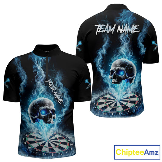 Custom Blue Ice Smoke Skull Dartboard Darts Quarter- Zip Shirt For Men Dart League Jerseys NYN2122