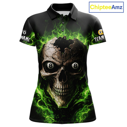 Green Flaming Cracked Skull 8 Ball & 9 Ball Pool Billiard Shirt For Women Custom Billiard Apparel NYN2635