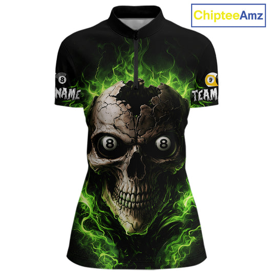 Green Flaming Cracked Skull 8 Ball & 9 Ball Pool Billiard Shirt For Women Custom Billiard Apparel NYN2635