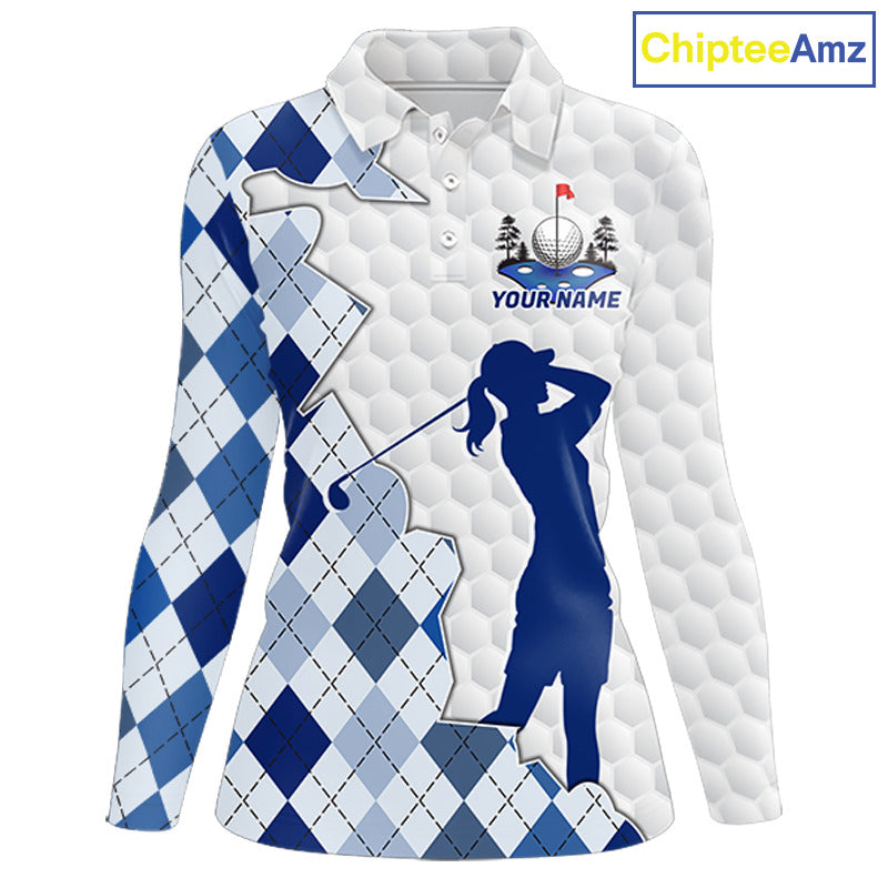 Custom Argyle Pattern Golf Polo Shirts For Women, Blue Argyle Golf Ball White Golf Clothing Shirts NYN2990