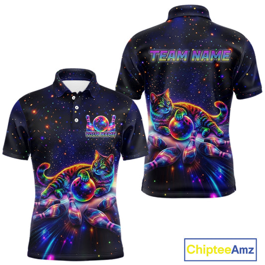 Funny Cat Bowling Polo Quarter Zip Shirt For Men Custom Colorful Galaxy Team Jersey
