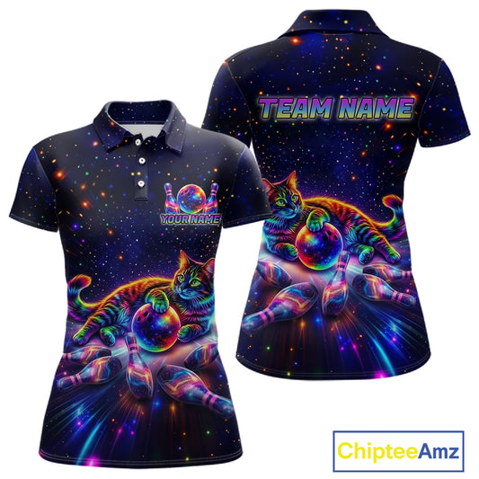 Funny Cat Bowling Polo Quarter Zip Shirt For Women Custom Colorful Galaxy Team Jersey