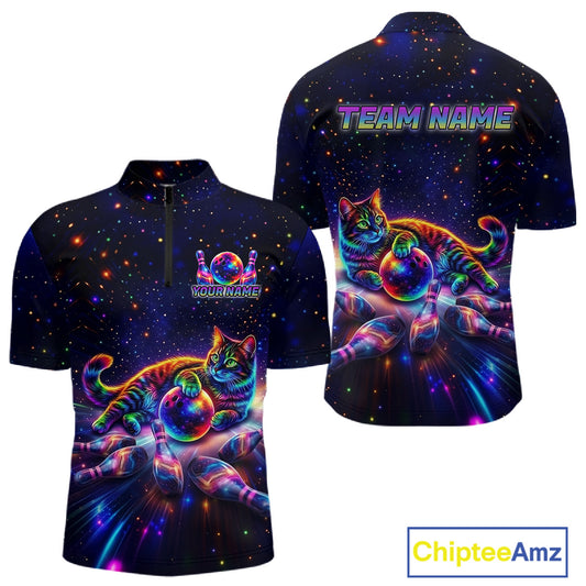 Funny Cat Bowling Polo Quarter Zip Shirt For Men Custom Colorful Galaxy Team Jersey