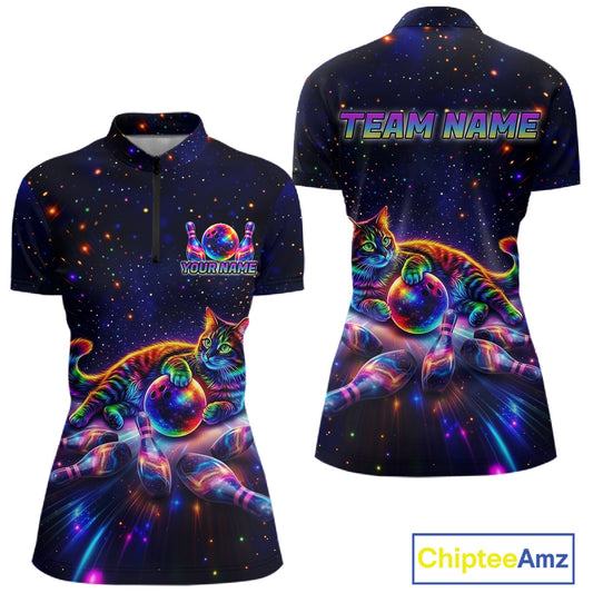 Funny Cat Bowling Polo Quarter Zip Shirt For Women Custom Colorful Galaxy Team Jersey