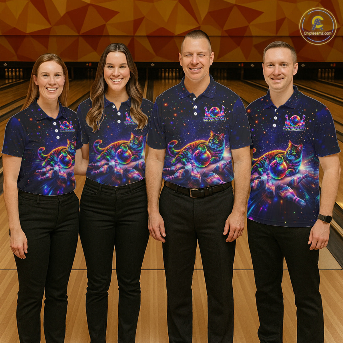 Funny Cat Bowling Polo Quarter-Zip Shirts For Men Custom Colorful Bowling Galaxy Team Jerseys NYN3417