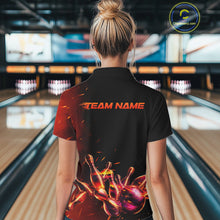 Load image into Gallery viewer, Female bowler wearing fire flame bowling jersey during tournament competition, personalized apparel symbolizing energy, resilience and confidence.
