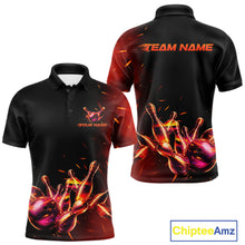 Load image into Gallery viewer, Men's bowling polo featuring flaming bowling ball and pins artwork, personalized bowling tournament shirt for fire lovers, racing enthusiasts and action sports fans, symbolizing passion, courage, energy and unstoppable momentum.