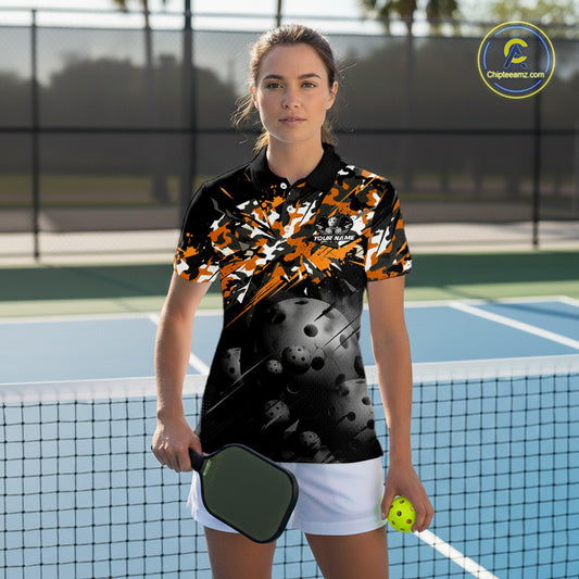 Custom Black & Orange Camo Women Pickleball League Jerseys Grunge Pickleball Paddle Shirts NYN2136