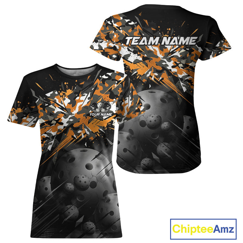 Custom Black & Orange Camo Women Pickleball League Jerseys Grunge Pickleball Paddle Shirts NYN2136