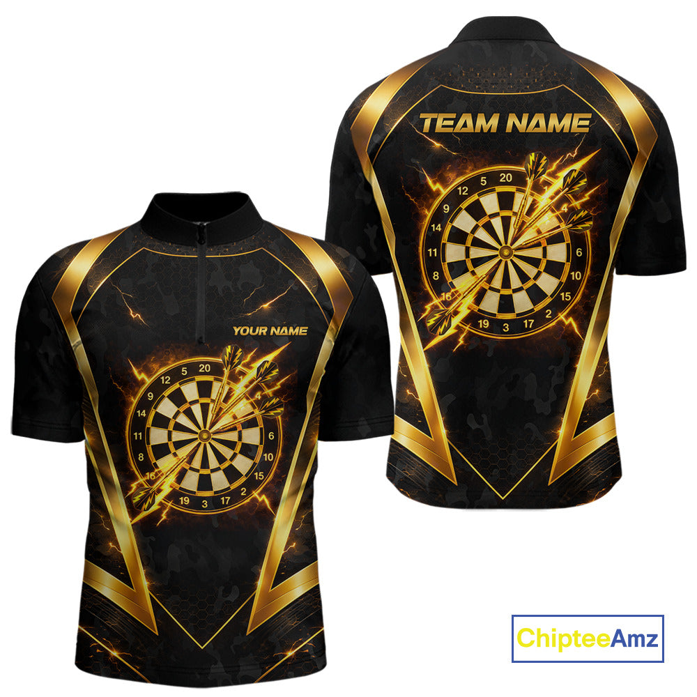 Black Yellow Dartboard Camo Men Darts Polo & 1/4-Zip Shirt Custom Thunder Dart Team Jersey NYN3008