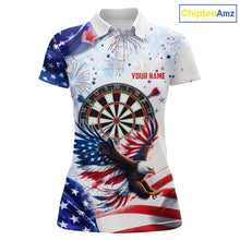Load image into Gallery viewer, American Flag Eagle women's darts polo featuring patriotic eagle and USA flag artwork, custom darts team jersey, veterans tournament apparel, personalized championship league uniform