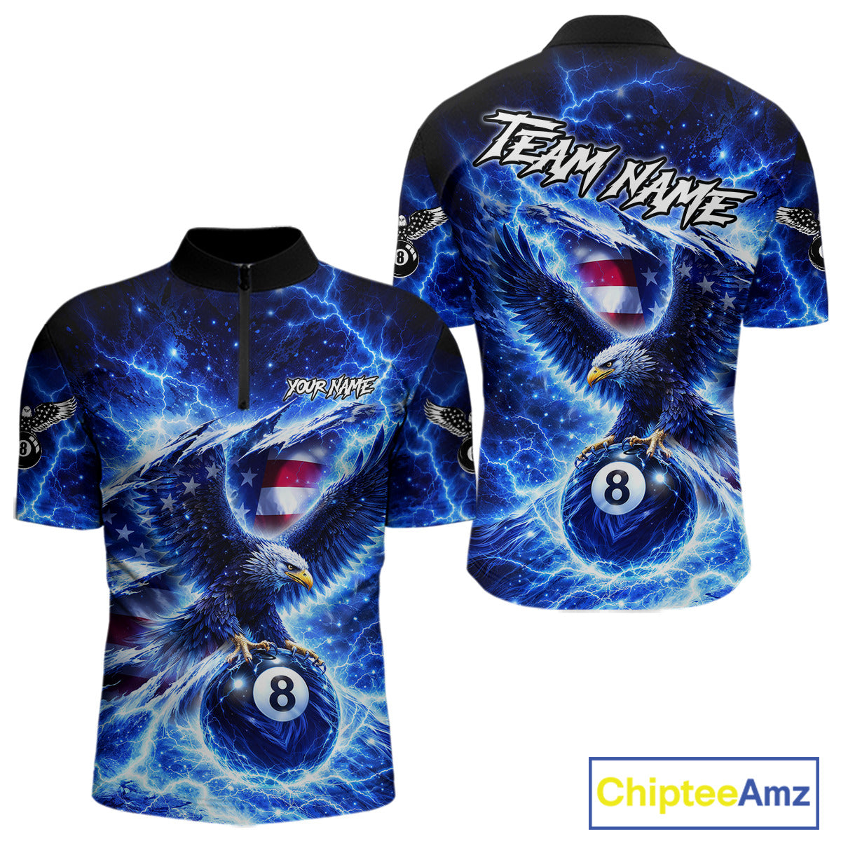 Torn US Flag Thunder Eagle Pool 8 Ball Men Billiard Shirt Custom Patriotic Billiard Apparel|Blue NYN2638