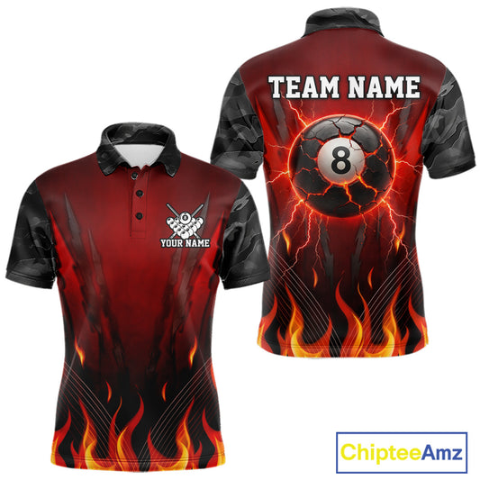 Personalized 8 Ball Red Flames Pool Billiard Polo & 1/4 Zip For Men Custom Camo Billiard Team Jerseys NYN3011