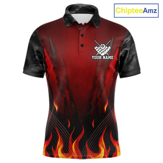Personalized 8 Ball Red Flames Pool Billiard Polo & 1/4 Zip For Men Custom Camo Billiard Team Jerseys NYN3011