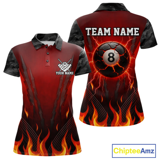 Personalized 8 Ball Red Flames Pool Billiard Polo & 1/4 Zip For Women Custom Camo Billiard Team Jerseys NYN3011