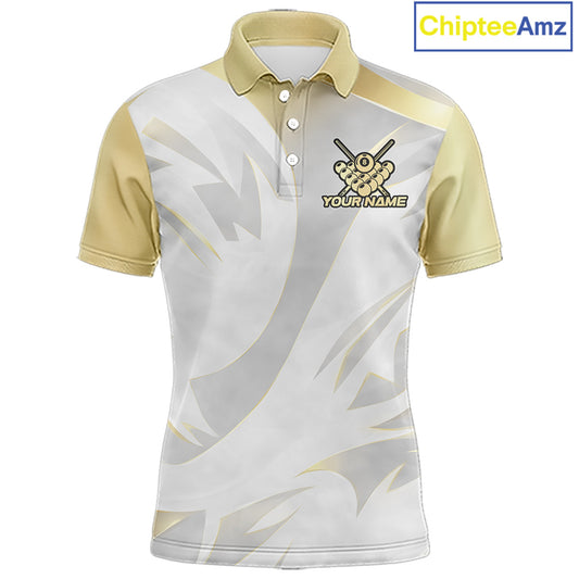 Personalized White And Gold Crown 8 Ball Pool Billiard Polo & 1/4 Zip For Men, Billiard Team Attire NYN3014
