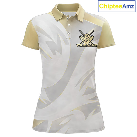 Personalized White And Gold Crown 8 Ball Pool Billiard Polo & 1/4 Zip For Women, Billiard Team Attire NYN3014