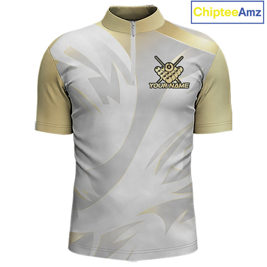Personalized White And Gold Crown 8 Ball Pool Billiard Polo & 1/4 Zip For Men, Billiard Team Attire NYN3014