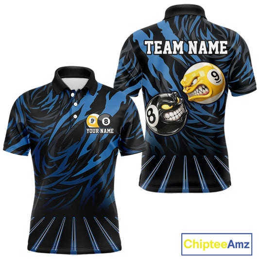 Funny 8 Ball & 9 Ball Billiard Polo & 1/4 Zip For Men Custom Pool Cue Pattern Billiard Jerseys |Blue NYN3018