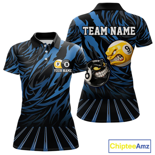 Funny 8 Ball & 9 Ball Billiard Polo & 1/4 Zip For Women Custom Pool Cue Pattern Billiard Jerseys |Blue NYN3018