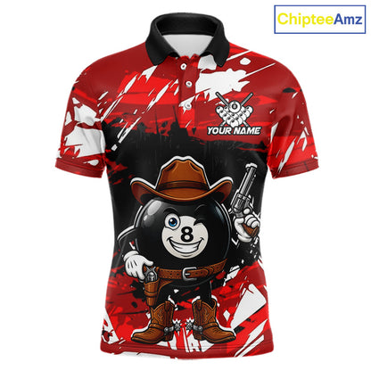 Funny billiard 8 ball cowboy gun shirt for men custom grunge billiard team attire red