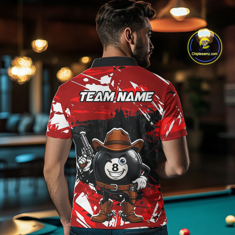Funny Billiard 8 Ball Cowboy Gun Shirt For Men Custom Grunge Billiard Team Attire | Red NYN3435