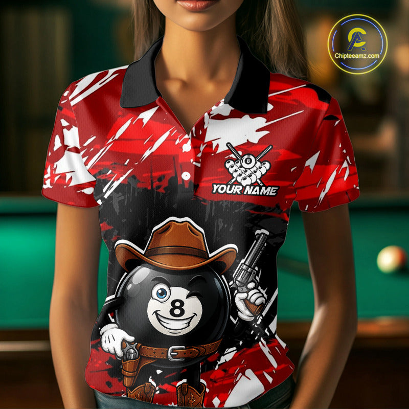 Funny Billiard 8 Ball Cowboy Gun Shirt For Women Custom Grunge Billiard Team Attire | Red NYN3435
