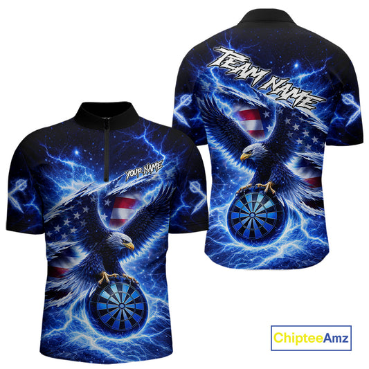 Thunder Torn US Flag Eagle Dartboard Men Darts 1/4-Zip Shirt Custom Patriotic Dart League Shirt NYN2649