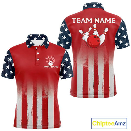 Custom American Flag Bowling Men Polo Quarter-Zip Shirts With Team Name, Patriot Bowlers Outfit NYN3184
