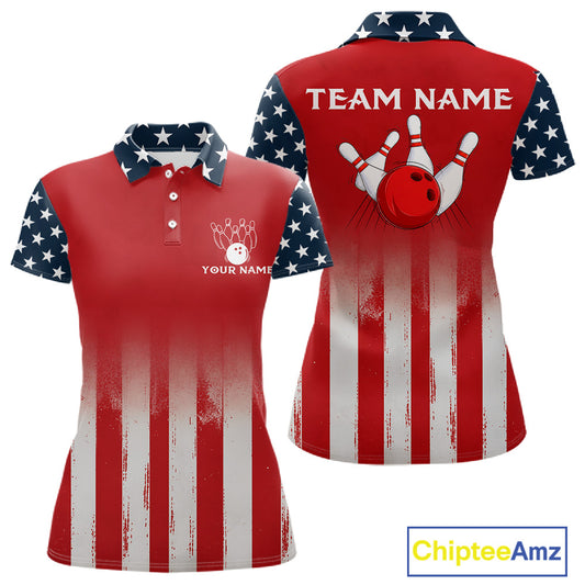 Custom American Flag Bowling Women Polo Quarter-Zip Shirts With Team Name, Patriot Bowlers Outfit NYN3184