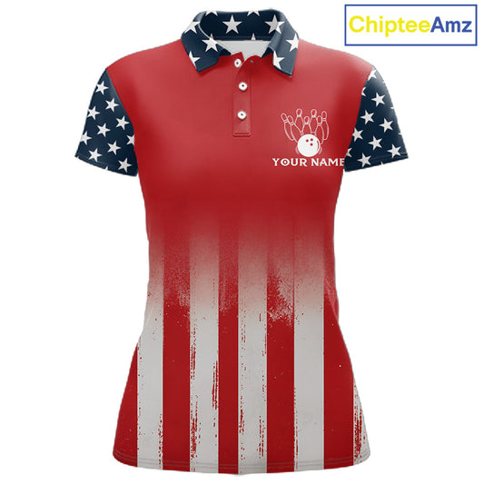 Custom American Flag Bowling Women Polo Quarter-Zip Shirts With Team Name, Patriot Bowlers Outfit NYN3184